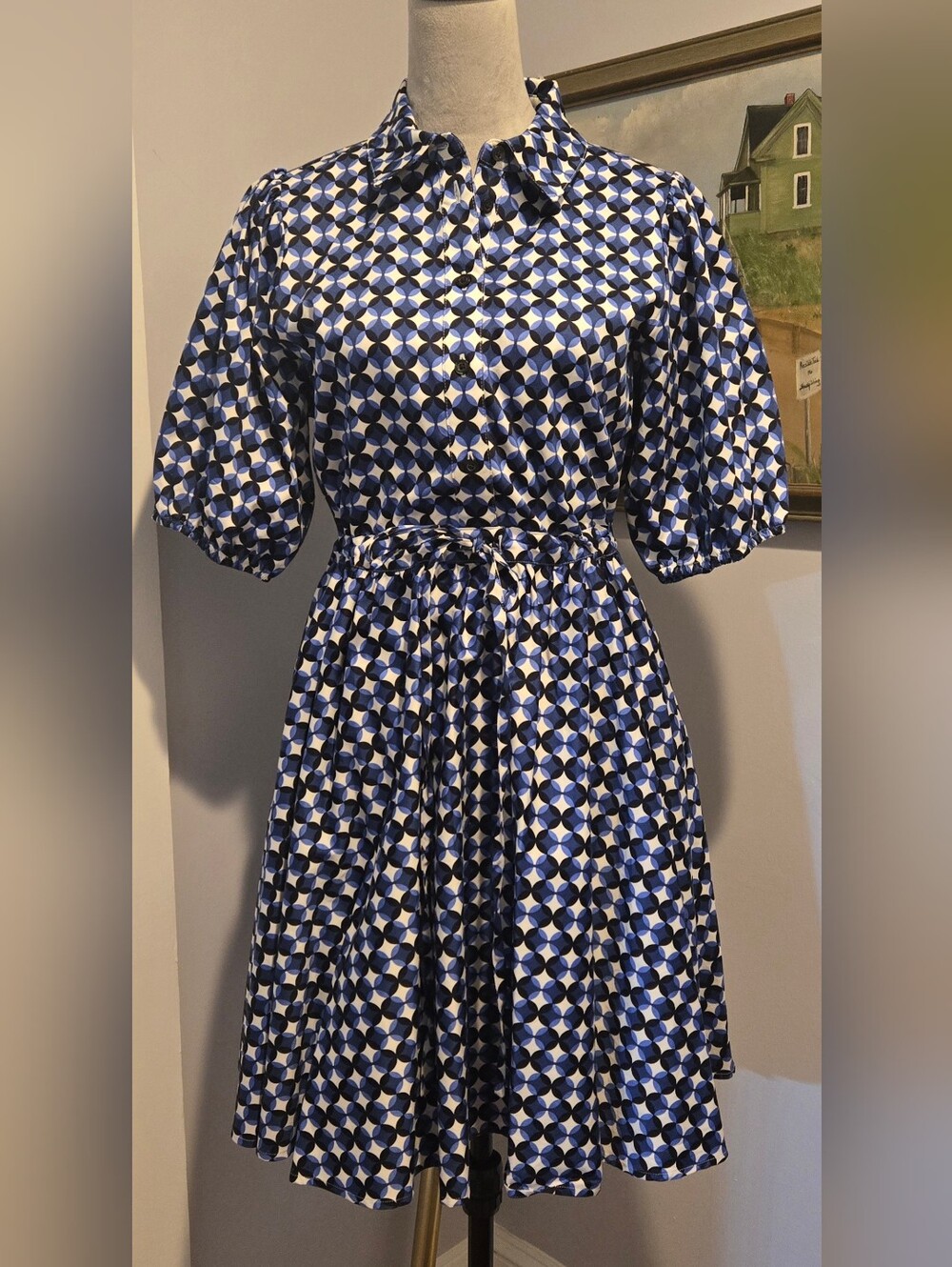 kate spade blue black white Geometric Shirt Dress 38" long sz L